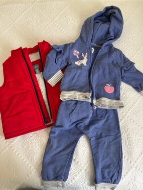 Hatley Blue Toddler Hoodie with Bunny Accent and gap vest, 12-18 months